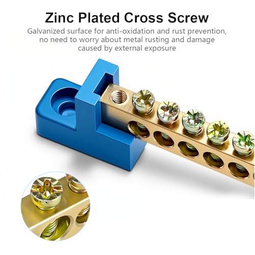 Image of Serplex 2-Pack 30A Ground Bus Bar Terminal Blocks, Brass Electrical Grounding Bar with Screw Terminals & Insulating Plastic Base for Panels, Automotive & Industrial Wiring, 8x1.3x2.2cm