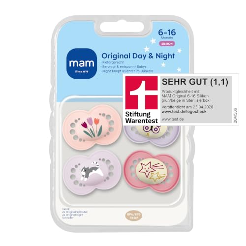 MAM Original Day & Night Matt Schnuller | 6-16 Monate | 94% Akzeptanz | Babyschnuller beugt Zahnfehlstellungen vor | mit Zahnmedizinern entwickelt | SkinSoft Silikon | Tulpe/Stern | 4 Stück