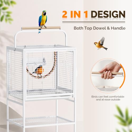 Image of VINGLI Small Bird Cage with Rolling Stang, 52 inch Wrought Iron Parakeet Cage with Wooden Perch and Storage Shelves for Parrot Lovebirds Finches Small /Medium Birds (Black with Stand)