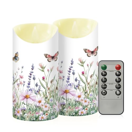 Ewusp Juego de 2 velas sin llama con diseño de mariposas y flores silvestres, funciona con pilas, con control remoto y temporizador, para decoración del hogar, bodas, vacaciones, fiestas, centros de