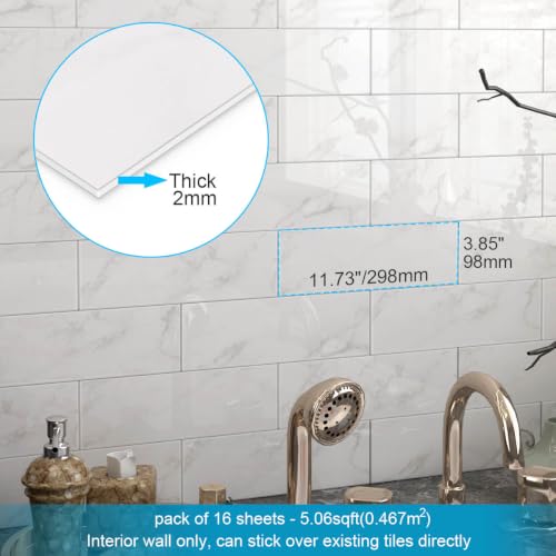 Image of BeNice Peel and Stick Backsplash for Kitchen Tile,Peel and Stick Tiles for Walls Tile Stickers Waterproof Marble Tile Backsplash 3.85 inchx11.73 inch(16Tiles) Carrara White