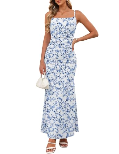 Zelroxa Women Blue Floral Slip Dress Sleeveless Spaghetti Strap Ruched Bodycon Vacation Sundress Beach Wedding Cocktail Backless Square Neck Pastel Italian Long Summer Dresses