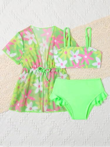 Kids Girls 2 Pcs Bathing Suits Chiffon Drawstring Kimono Wrap with Bikini Sets Swimsuits3