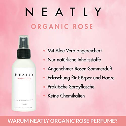 Unbekannt Neatly Hair & Body Perfume Mist I mit Rosen Aroma I Natürliches Haar- und Körperspray Für Den Sommer 100 ml I Erfrischungspray mit Lavedelöl I Aloe Vera Für Gepflegte Haut