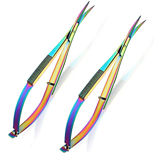 Shynai 2 Pieces 4.7 Inch Eyebrow Scissors Embroidery Scissors Spring Action Curved Tip Stainless Steel Cutting Eyebrow Trimming Craft(Multi-color)
