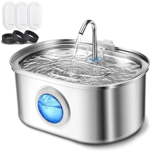 BUOAZR Katzenbrunnen Edelstahl, 3.2L Trinkbrunnen für Katze, Super Silent Wasserbrunnen für Katzen, Eingebautes LED Licht, BPA-frei, mit Wasserstandsfenster, 3 Aktivkohlefilter+3 Schaumfilter