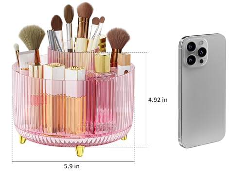 Image of Clear Rotating Makeup Organizer Countertop for Vanity, 360 Makeup Brush Holder Organizer with 5 Compartments, Transparent Cosmetic Storage for Lipstick, Skincare, Bathroom Counter (Transparent Pink)