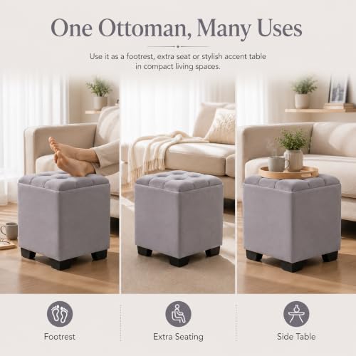 Image of Velvet Cube Ottoman | Seating Stool for Living Room | Soft Cushioned Footrest Stool with Durable Plastic Legs | Multipurpose Seating, Side Table & Pouffe Home Decor, 12x12x14 inch (Grey)