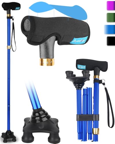 Antdvao Quad Canes for Women, Folding Walking Cane for Stability Suitable for 5.4FT-6.3FT, Adjustable Self Standing Cane with Pad for Men and Seniors Balance