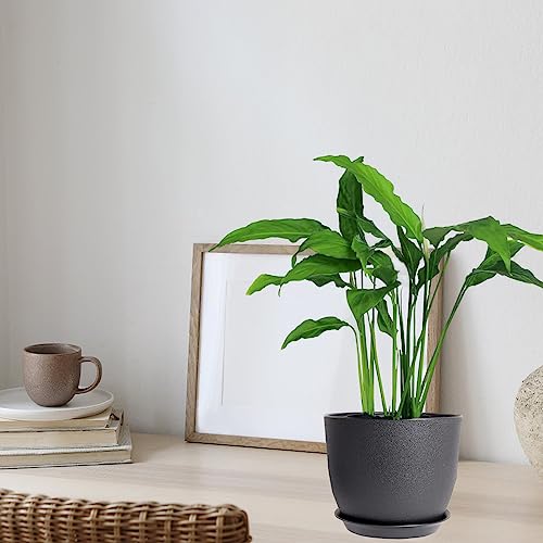 PROFIKLA 20cm, 18cm, 16cm Plastic Plant Pots, Plant Pots with Drainage Holes and Saucers, A Set of 3 Flower Pots, Modern Decorative Planters, Black