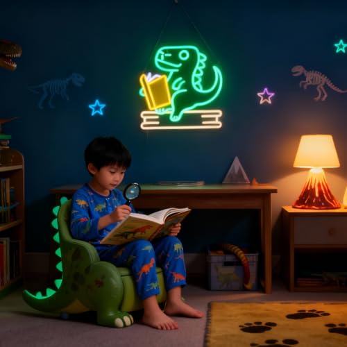 Image of Reading Dinosaur Neon Sign, Book Lover Led Neon Light, Bookish LED Sign, Bookworm Reading Club Light, Kid's Room Decor, Game Room Wall Art, Christmas & Birthday Gifts