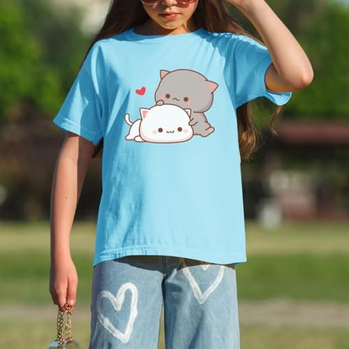 Image of KEEVICI Cute Cat Shirts for Girls Graphic Tees Kids Kawaii Cartoon Animal Print T Shirt Summer Cotton Short Sleeve Tops