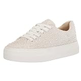 DOEYG White Pearl Sneakers for Women Sparkly Sneakers Wedding Sneakers Platform Bling Women's Fashion Sneakers Dressy Wedding Tennis Shoes for Bride Chunky Heel Lace up Bridal Shoes