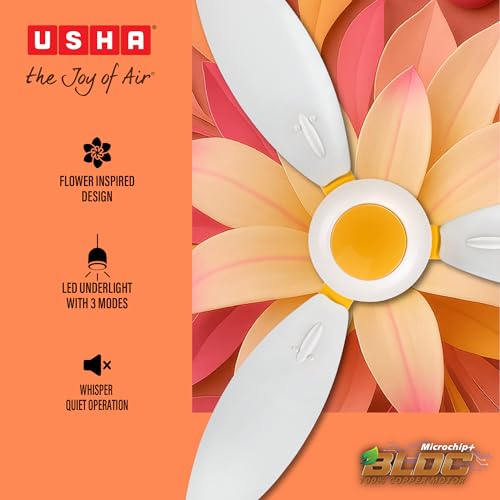Image of USHA Bloom Lily Glow BLDC Ceiling Fan with 3-Mode Underlight |RF Remote | 100% Copper Motor |Whisper-Quiet |Dust-Resistant |BEE 5 Star Rated |3-Year Motor & 2-Year PCB Warranty |White & Saffron Yellow