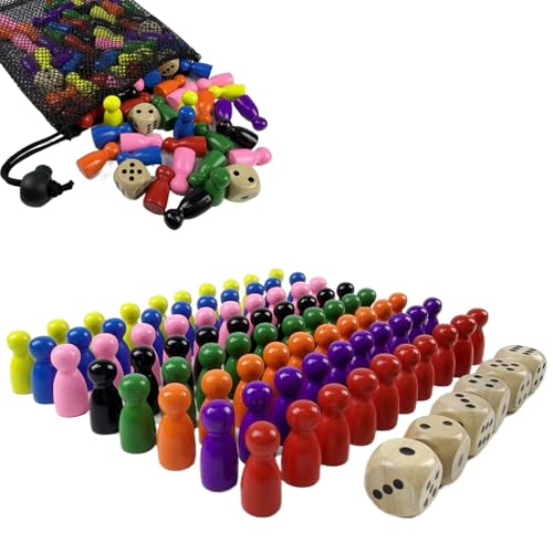 xolear 80 Stück Spielfiguren für Brettspiele 25 x 12 mm, 8 Farben Spielfiguren Holz und 6 Würfel, Bunte Halmakegel Holz Set, mit Kordelzugbeutel zur Aufbewahrung, für Brettspiele, Puzzlespiele