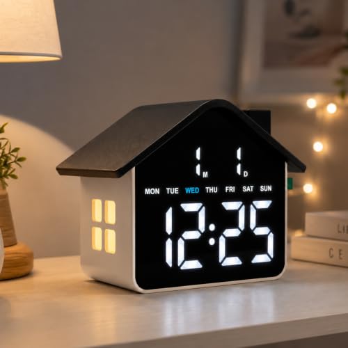 Image of Xtore Digital House-Shaped LED Alarm Clock with Date, Day & 4-Level Brightness | Modern Desktop Clock with Alarm Function for Bedroom, Office & Study Table