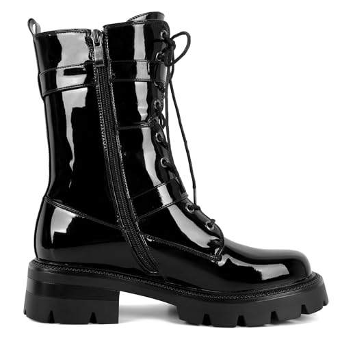 Eldof Women's Combat Boots Ankle Booties Lace Up Platform Lug Sole Chunky Low Heel Buckle Goth Motorcycle Boots for Women Side Zipper 2 Inches4