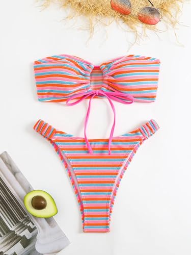 Falainetee Women's Striped Printed Bandeau Bathing Suit High Waisted Swimsuit Bikini Set Pink M - Image 5