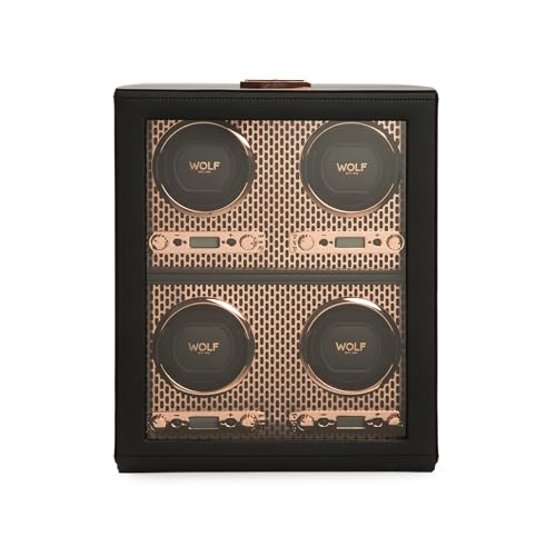 Wolf Axis 4-Piece Watch Winder with Glass Cover Copper - Secure Fit with Patented Lock-in Dynamic Cuff - Accommodates All Wrist Sizes - Vegan Leather - Includes Universal Adapter