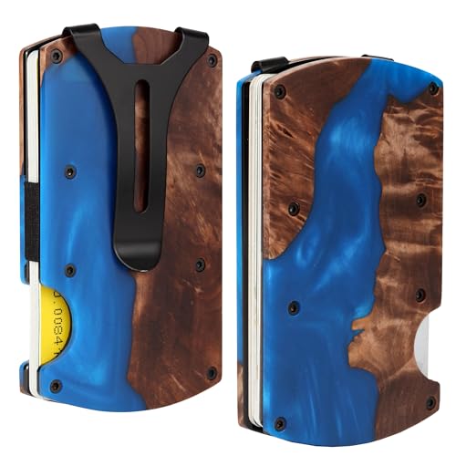 Image of Minimalist Wallet for Men, Slim Metal RFID Blocking Wallet Credit Card Holder Money Clip & Cash Strap, Scratch-Resistant Holds 15 Cards,Ideal Gift for Men | Resin Wood, Unique Pattern ,Dark Blue