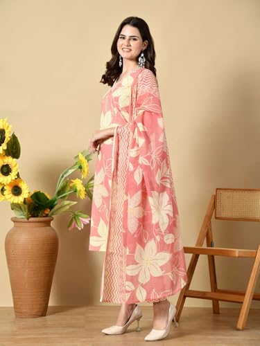 Image of Amazon Brand - Tavasya Women Cotton Anarkali Kurta Pant Dupatta Set | Printed Ethnic Suit Set | Flared Anarkali Kurta with Pant & Dupatta | Festive & Casual Wear