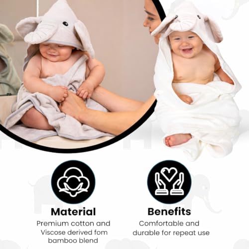Image of Premium Baby Towel for Bath with Hood, Extra Soft, Silky Smooth Fabric, Made from Viscose derived from bamboo and cotton Extra Large Absorbent, Hypoallergenic, Machine Washable, Elephant