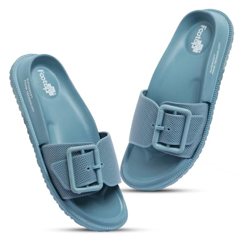 Image of FOOT UP Women's Soft Buckle Slides | Cushioned Anti-Skid Slippers for Women | Lightweight Comfort Sandals with Adjustable Buckle | Slip-On Footwear for Home Use, Indoor Areas & Outdoor Movement