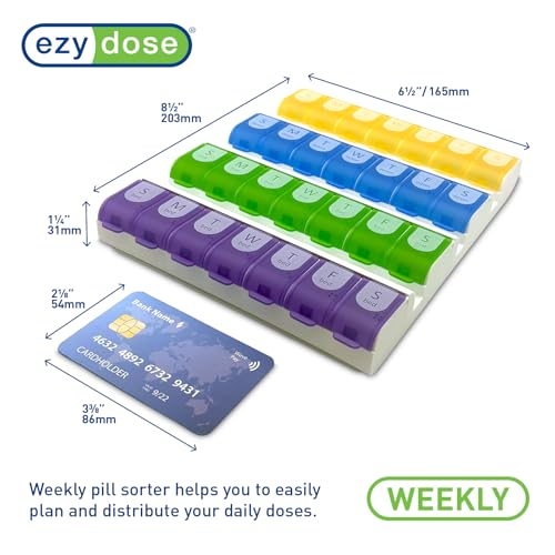 Image of EZY DOSE Weekly (7-Day) Pill Case, Medicine Planner, Vitamin Organizer Box, 4 Times a Day, Large Compartments, Easy Fill All Compartments at Once Organizer, Multi-Colored, BPA Free