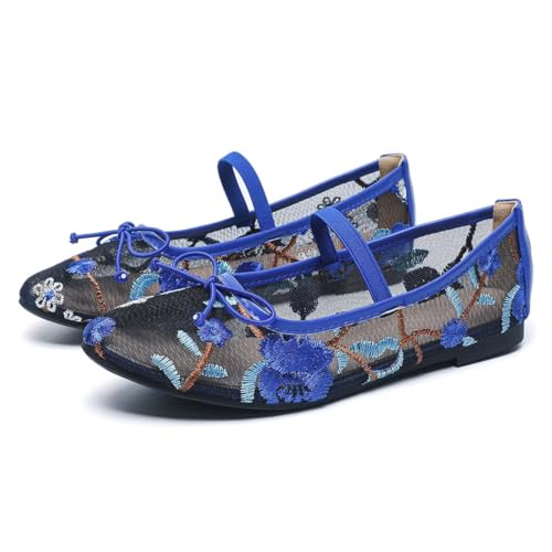 Hee grand Mesh Ballet Flats for Women Floral Embroidered Round Toe Ballerina Shoes Elastic Straps Mary Jane Flats Big Size