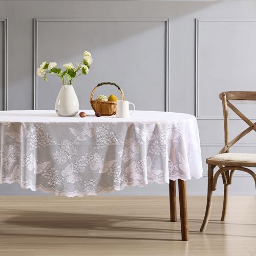 HLC.ME Butterfly Floral Lace Tablecloth, Oval, 60x84 Inch, White
