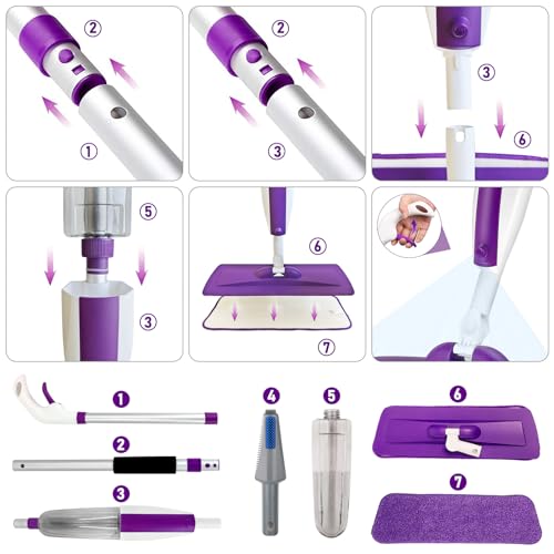 Image of Panda Grip Spray Mops For Floor Cleaning Floor Mop With A Refillable Spray Bottle And 3 Washable Microfiber Pads Home Or Commercial Use Dry Wet Flat Mop For Hardwood Laminate Wood (Pure Purple) | 400+ML refillable bottle, 360 swivel head, wet mopping & dry sweeping for hardwood, tile, laminate and sealed wood floors.