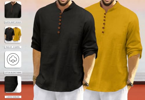 Image of ROYALSCOUT Men's Cotton Polyester Blend Solid Regular Fit Full Sleeve Short Kurta | Ethnic, Lightweight Summer Kurta for Daily & Occasion Use