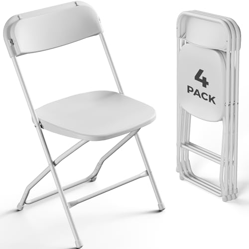 MAKE CHANGES Folding Chairs 4 Pack, Plastic Folding Chairs for Outside, Heavy Duty Foldable Chairs, Sturdy Metal Folding Chairs, 350 lbs Capacity, for Patio, Garden, Camping, White