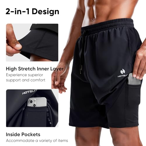 HOTSUIT Men's 2 in 1 Running Shorts 5"/ 7" Athletic Gym Workout Quick Dry with Compression Liner & Zipper Pockets4