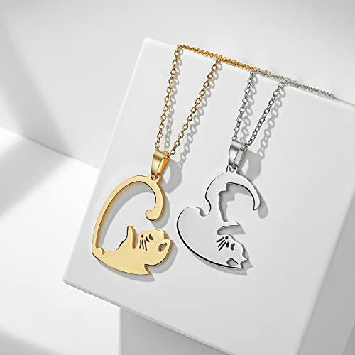 Plikin 2pcs Cat Matching Necklace Pendant Girl Stainless Steel Heart Cat Friendship Necklace BFF2