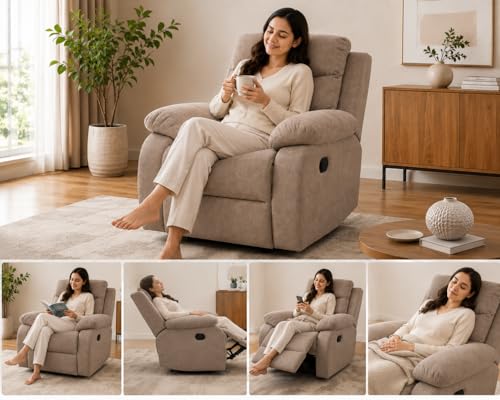 Image of Recliner Armchair for Living Room | Comfortable Upholstered Single Seater Sofa Chair with Ergonomic Backrest, Plush Armrests, Spacious Seat and Solid Wooden Frame