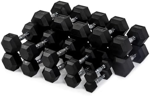 Titan Fitness Rubber Hex Dumbbells, 5 LB-50 LB Set of Pairs, Roll...