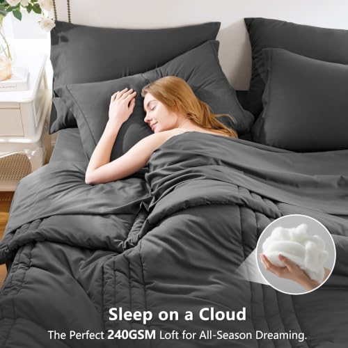 Image of CozyLux Oversized King Comforter Set Dark Grey - 7 Pieces Bed in a Bag, Modern Vertical Quilted Room Decor, Soft All-Season Bedding Gift with Comforter, Sheets, Pillowcases & Shams