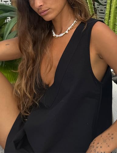 Image of Lviefent Womens Linen Mini Dress Summer Low V Neck Sleeveless Beach Sunshine Cotton Linen Mini Dress (Black-L)