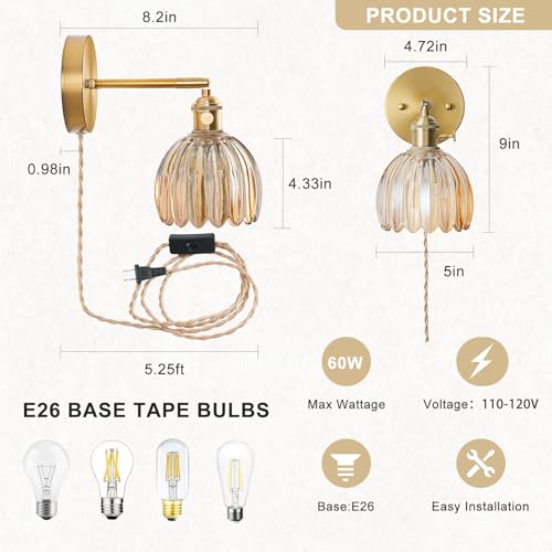 Image of Plug in Wall Sconces Set of 2, Vintage Wall Sconce Light with Tulip Amber Glass Lampshade, Bedroom Wall Sconce with Switch and Plug in wall lamp Cord, Gold Wall Light Wall Decor Set of 2