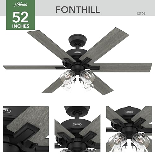 Image of Hunter Fonthill Indoor Ceiling Fan With Light, Remote, 52-inch, Fresh White, Fast Install, 6-speeds (Matte Black)