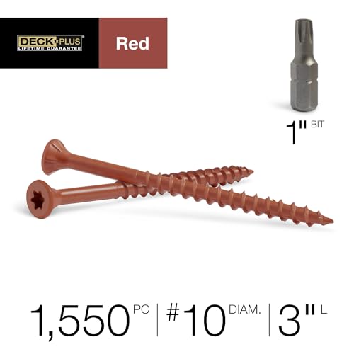 Image of Deck Plus 3 Inch Epoxy Coated Exterior Wood and Fence Screws #10 x 3 Torx /Star Drive Included Coarse Thread, Outdoor Rust Resistant Decking Screw, Red, 25 lb Box, 1550 Pieces | 48434