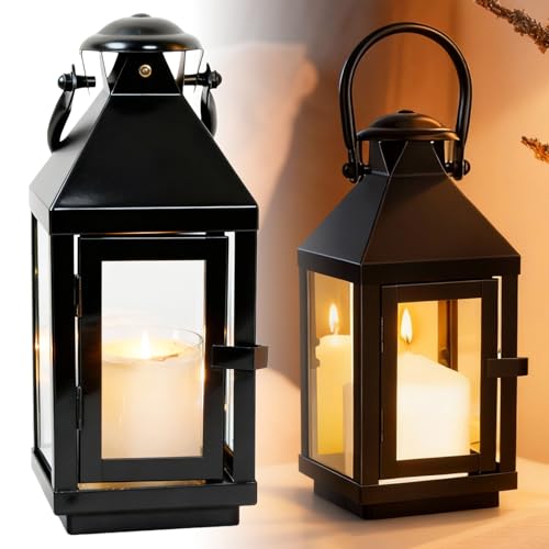 Laterne Schwarz Metall 22cm, Wetterfest Kerzenlaterne für Draußen, Garten und Friedhof, Outdoor Windlicht Gartenlaternen Metall Kerzenhalter Laterne Retro Deko für Balkon, Weihnachten, Tisch