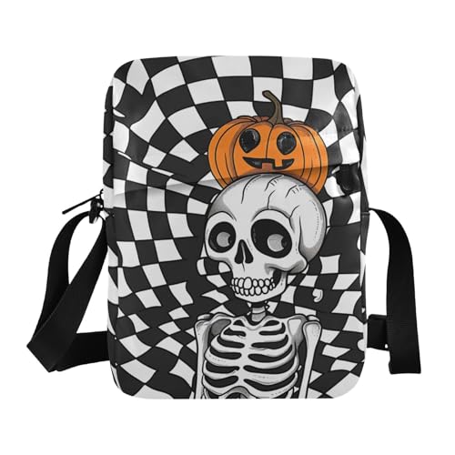 KLL Black-and-white Checkered Cartoon Skeleton men's messenger bag Vegan Leather men shoulder bag Shopping Shoulder Handbag