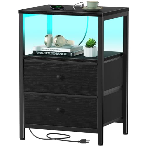 Image of BOLUO Black Nightstand with Charging Station, LED Night Stand with 2 Fabric Drawers, Bedside Table with USB Ports and Outlets, Nightstand for Bedroom Modern