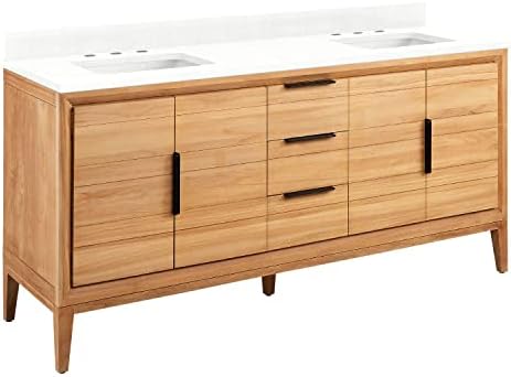 Signature Hardware 482573 Aliso 72" Free Standing Double Basin Vanity Set with Teak Cabinet, Granite, Marble or Quartz Vanity Top, and Rectangular Porcelain Undermount Sink