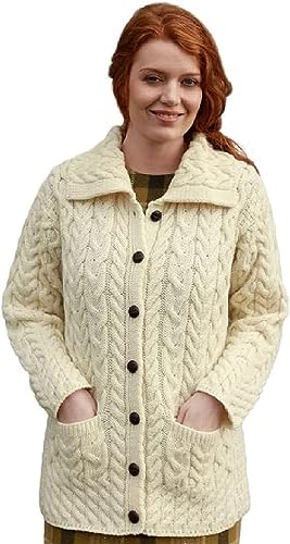 Irish Aran Knit Cardigan for Women 100% Pure New Wool Long Sweater Made in Ireland