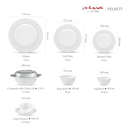 Image of La Opala Diva Velvett Collection Opal Glass Crockery | for Family of 8 | Dinner Set 62 pcs Pearl Grey | Plates & Bowls for Dining | Microwave Safe | 100% Vegetarian | Extra Strong | Light & White