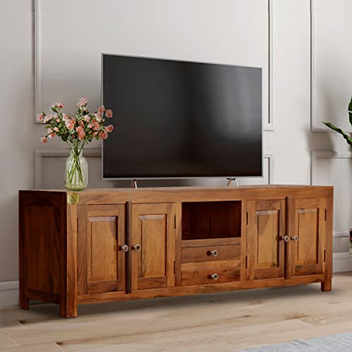 Image of Sheesham Wood TV Stand and Shelf Storage Entertainment Unit Center Console TV Table Wooden Tv Cabinet for Living Room Home (Brown)
