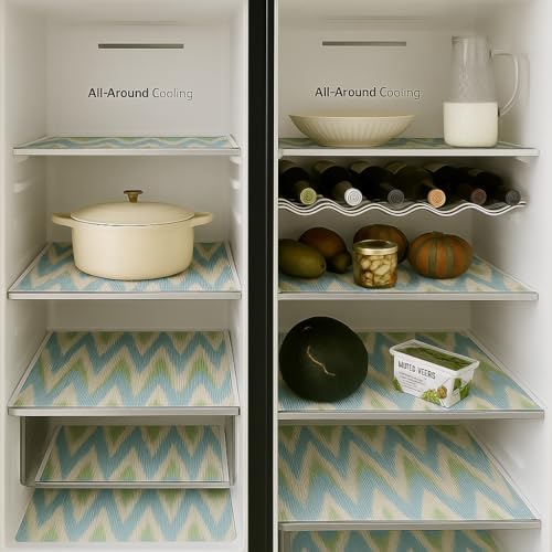 Image of Side-by-Side Door Fridge Shelf Liners Set: Mats for Refrigerator and Freezer Sections -Machine Washable Liners for Glass Shelves, Drawers, Trays Refrigerator Accessories, Pack of 22(Aqua Blue)
